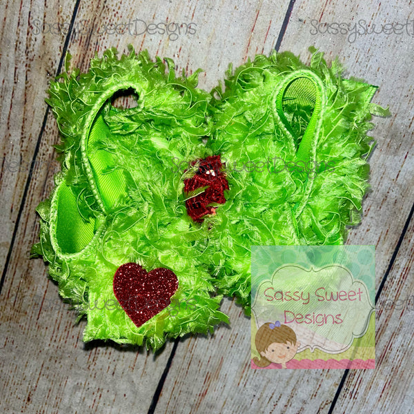 Grinch Faux Fur Heart Hair Bow 2023