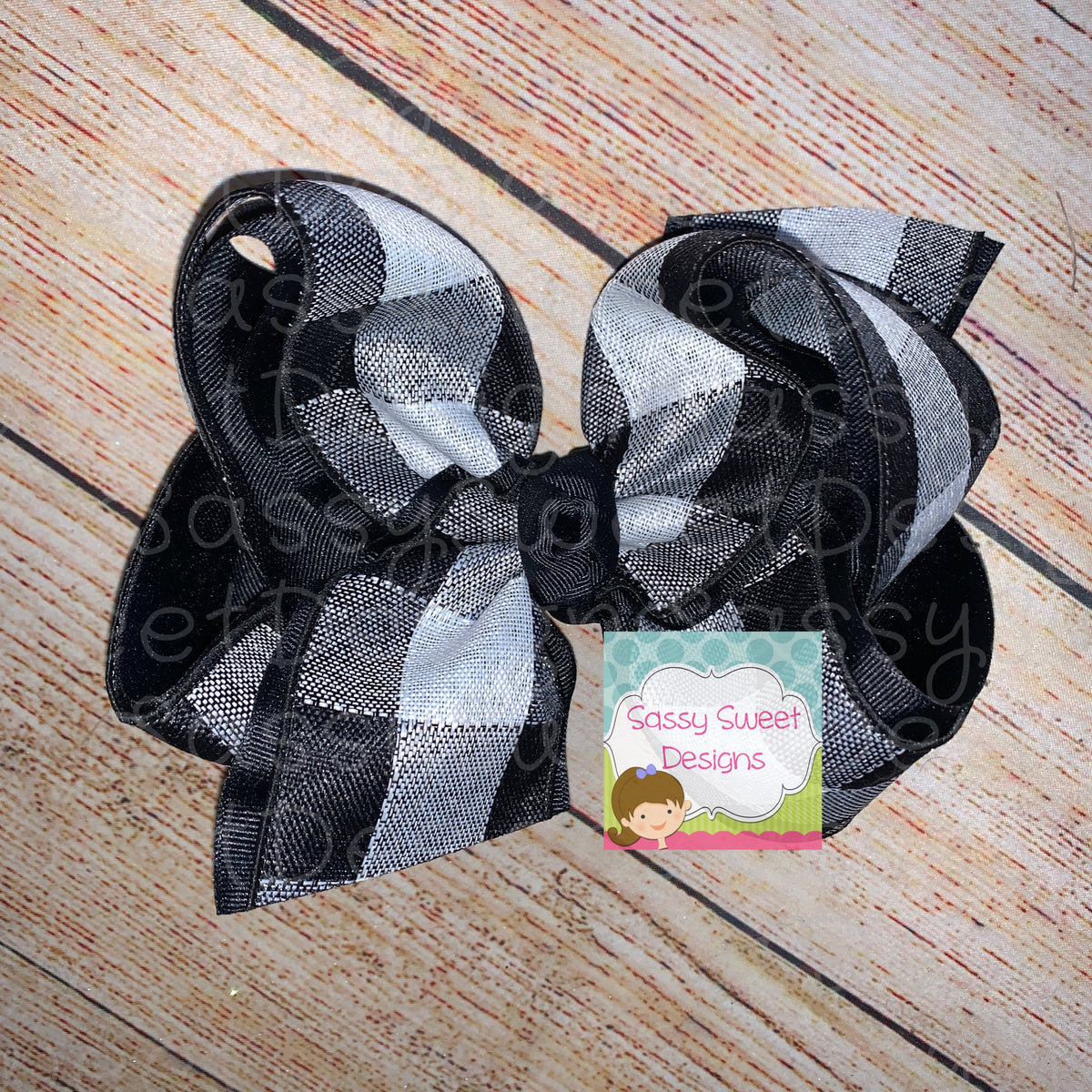 White & Black Buffalo Plaid Check Linen Hair Bow