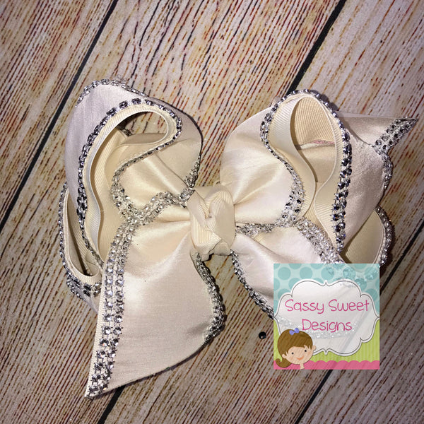 Ivory Silk Dupioni with Rhinestone Edging Hair Bow