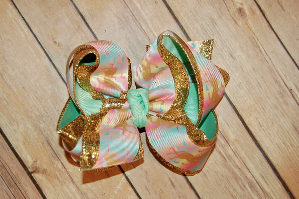 Unicorn Pastel Gold Triple Glitter Hair Bow