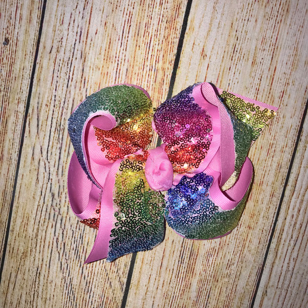 RAINBOW Pink Sassy Sequin Hair Bow
