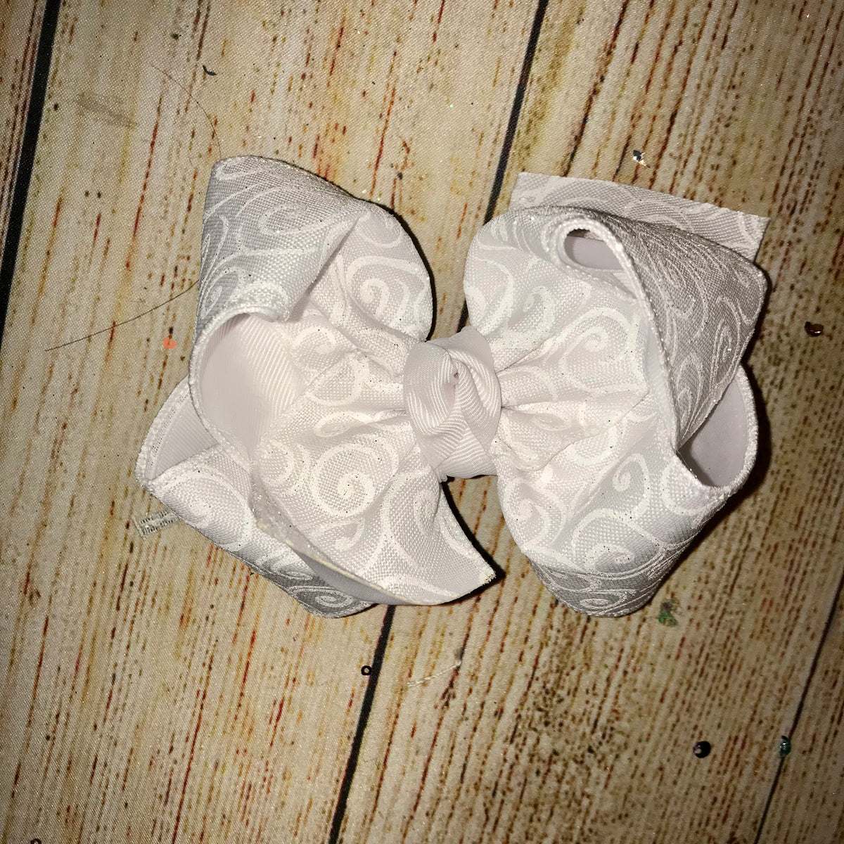 White on White Glitter Swirls Canvas Hair Bow