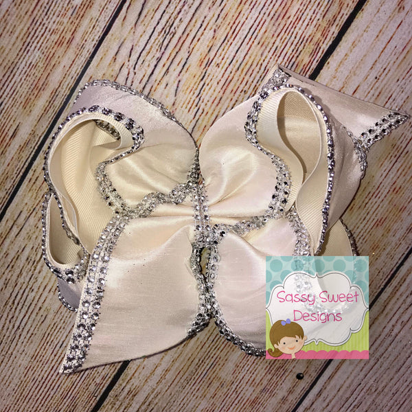Ivory Silk Dupioni with Rhinestone Edging Hair Bow