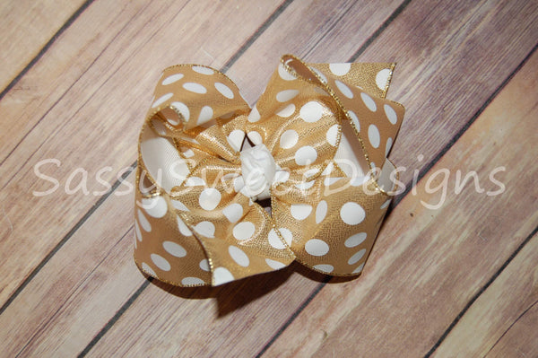 Gold & White Dot Metallic Hair Bow