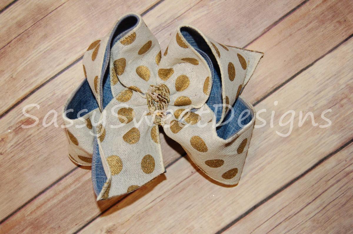 Gold dot & Denim Metallic Canvas Triple Hair Bow