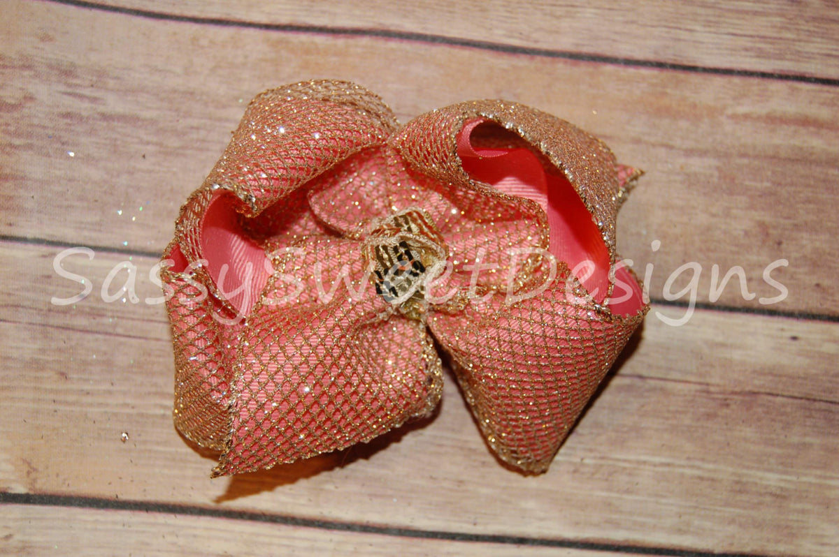 Champagne Glitter Mesh & Coral Hair Bow