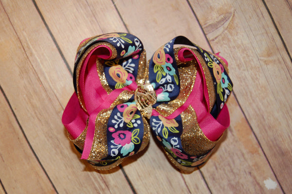 Floral Gold Triple Glitter Hair Bow