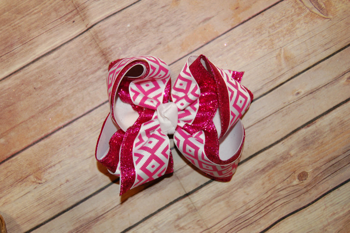 Shocking Pink Diamond Aztec Triple Glitter Hair Bow