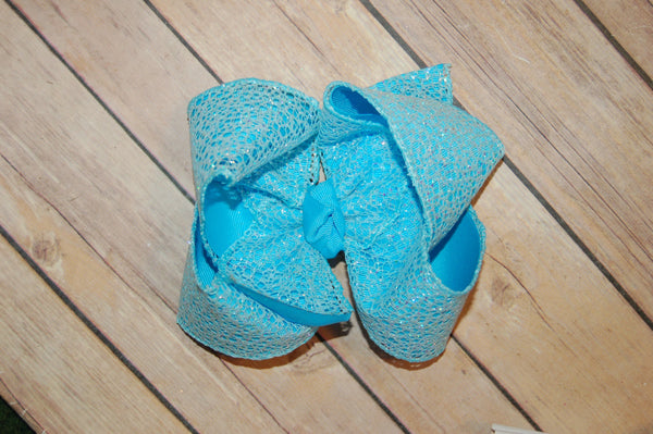 Aqua Blue Turquiose Glitter Web Hair Bow