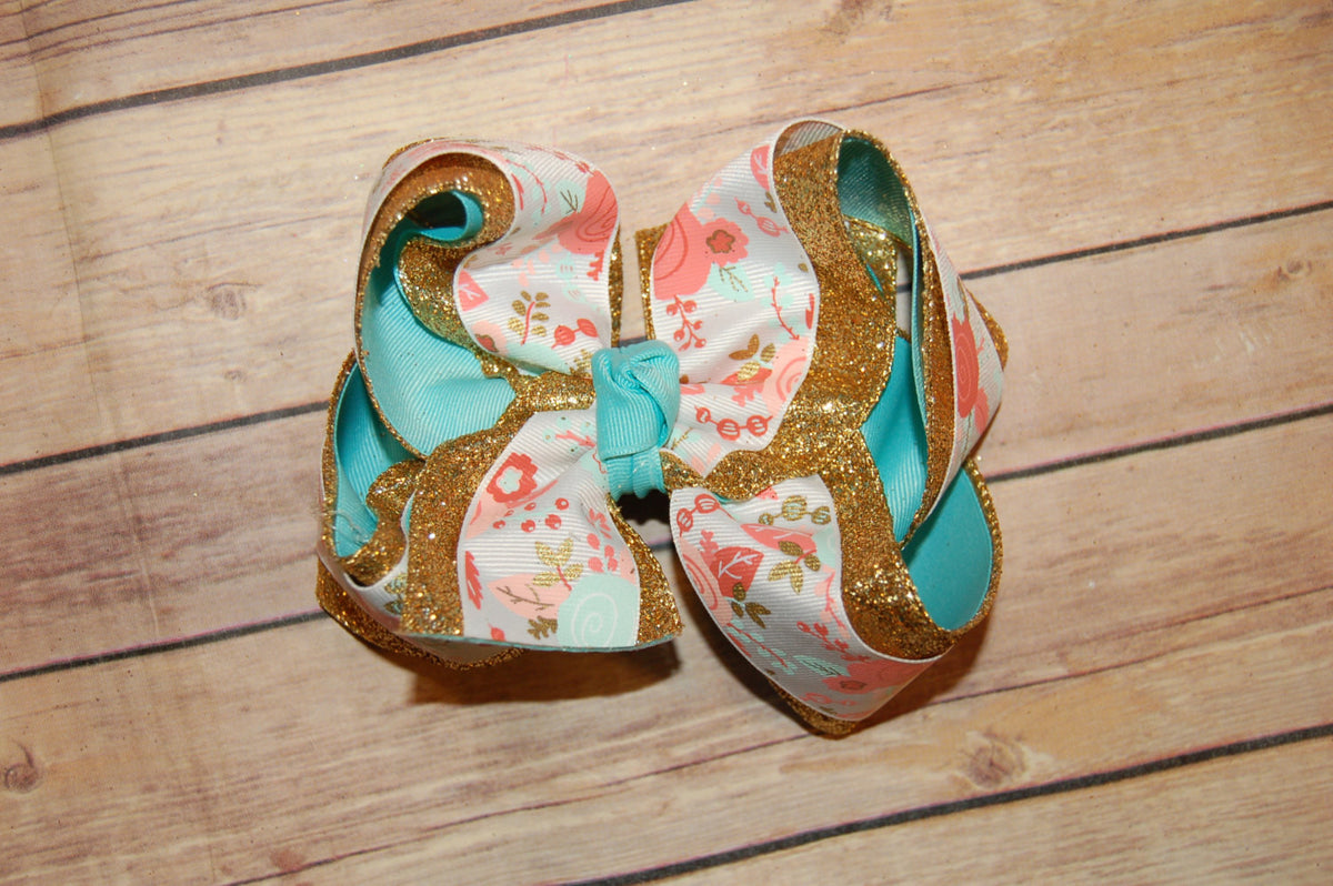 Coral Aqua Floral Gold Triple Glitter Hair Bow