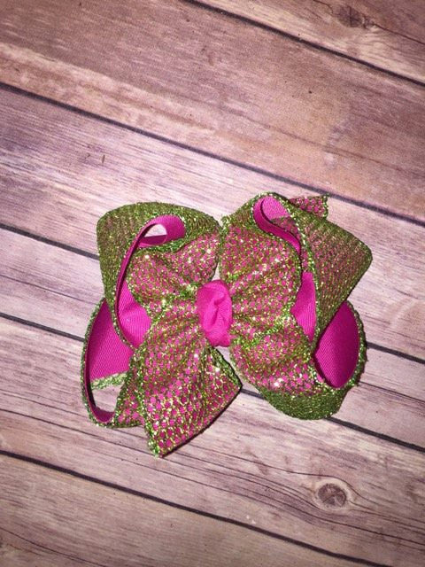 Lime Green Glitter Mesh & Shocking Pink Grosgrain Hair Bow