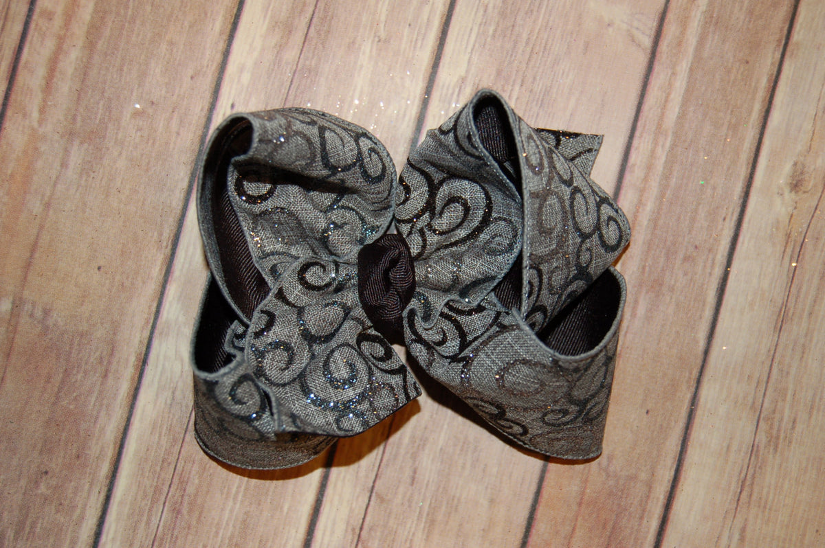 Grey Canvas Black Glitter Swirl Hair Bow