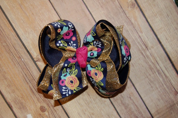 Floral Gold Triple Glitter Hair Bow