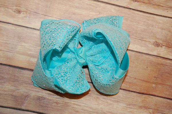 Aqua Blue Turquiose Glitter Web Hair Bow
