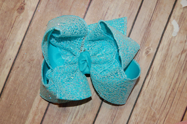 Aqua Blue Turquiose Glitter Web Hair Bow