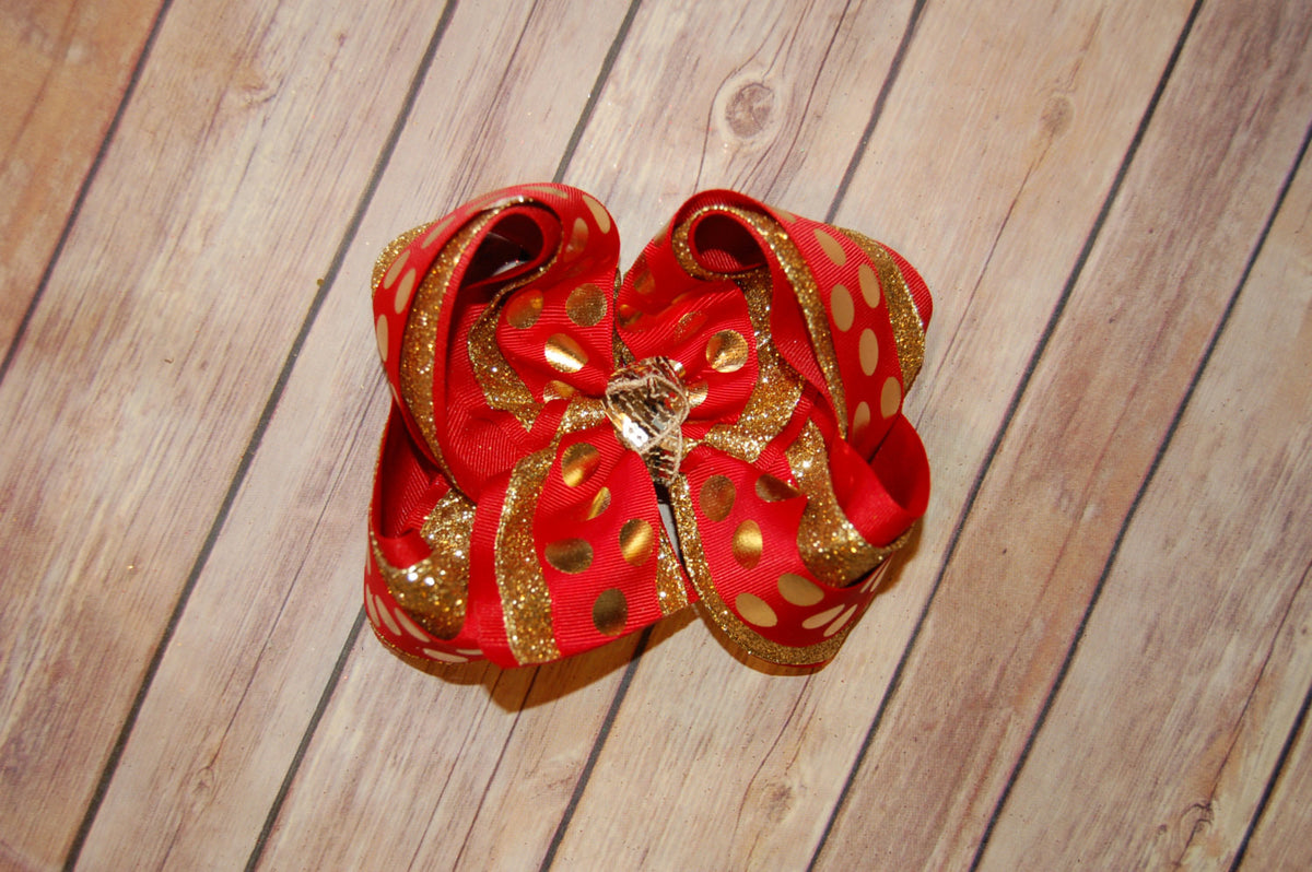 Red & Gold Dot Triple Glitter Hair Bow