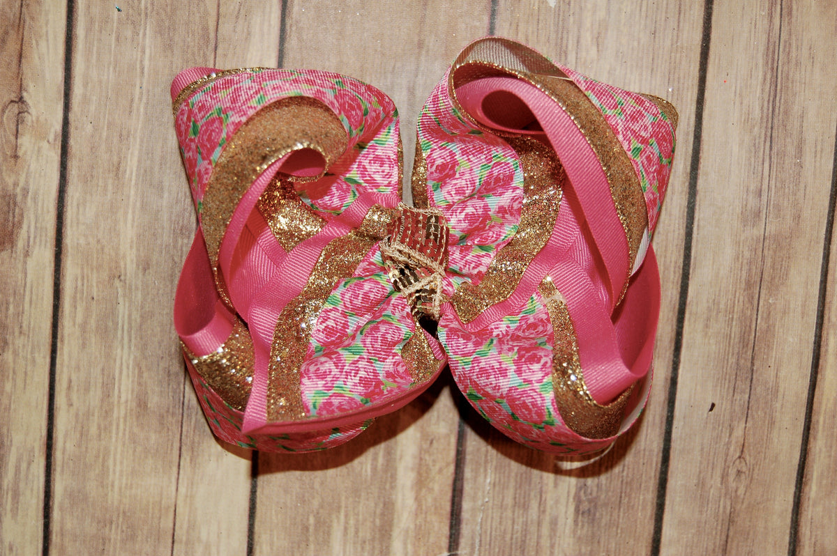 SSD Lilly Pink Rose Blooms Floral Triple Glitter Hair Bow