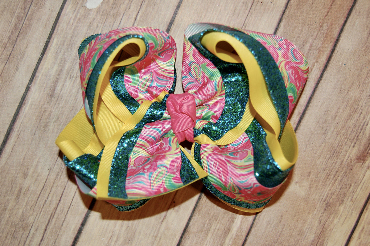 Lilly Pink Paisley Flamigo Floral Triple Glitter Hair Bow