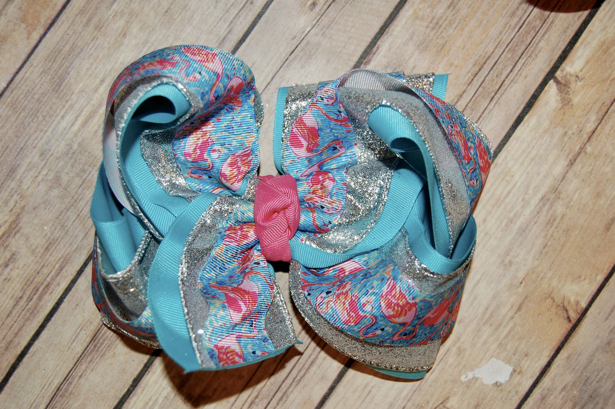 SSD Lilly Peel and Eat Shrimp Flamingo Floral Triple Glitter Hair Bow