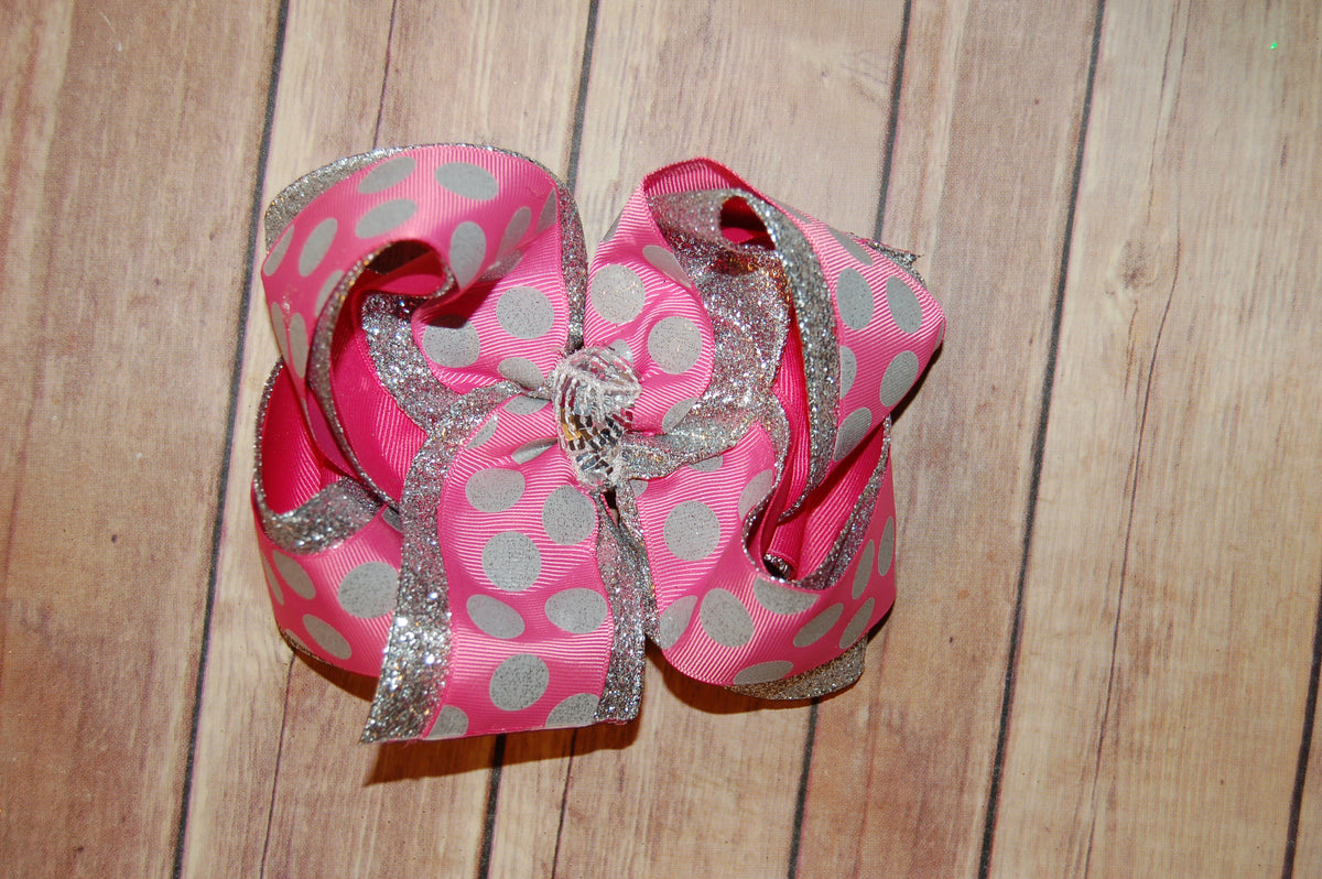 Hot Pink & Silver Bubble Dot Triple Hair Bow