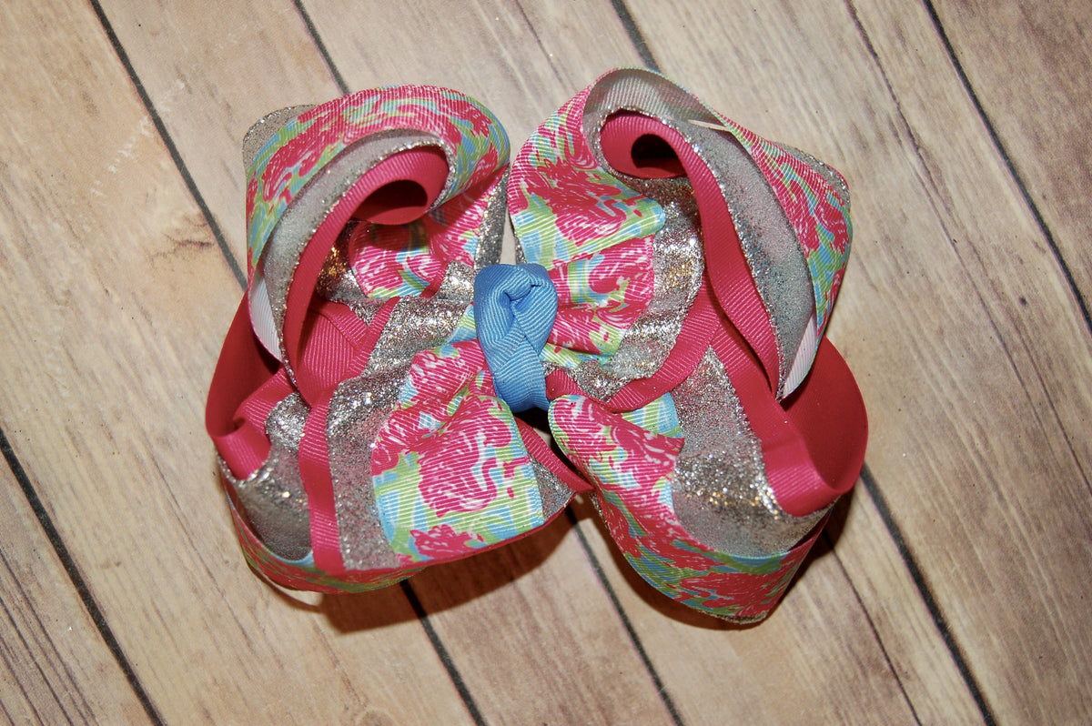 SSD Lilly Flamingo Fan Dance Floral Triple Glitter Hair Bow
