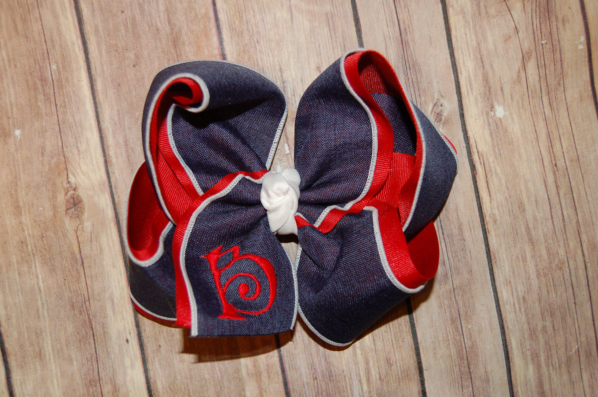 Navy Denim White Trim Canvas Hair Bow