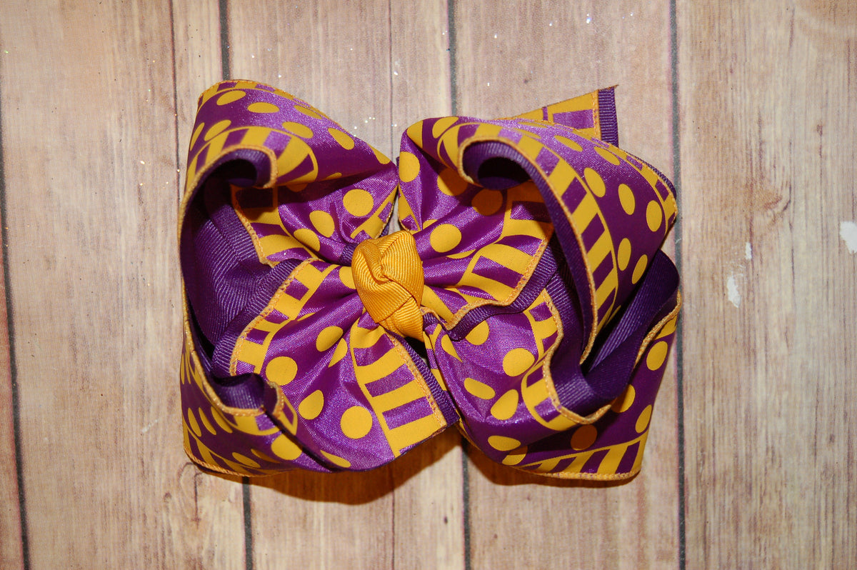Purple & Gold Dots & Stripes Hair Bow