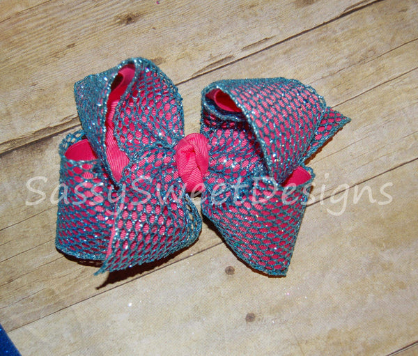 Aqua Glitter Mesh Hair Bow