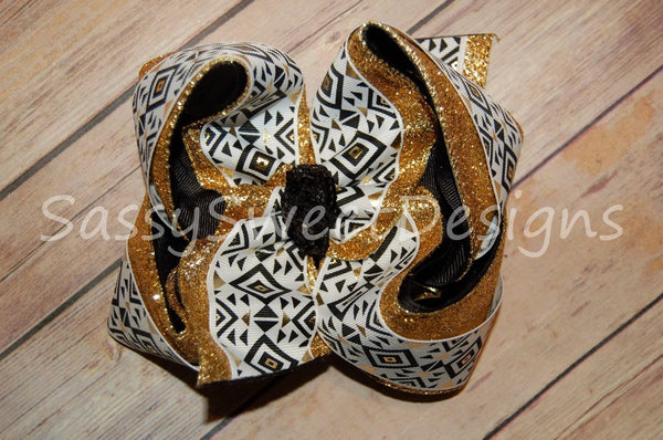 Gold and Black Metallic Glitter Aztec TRIPLE Hair Bow