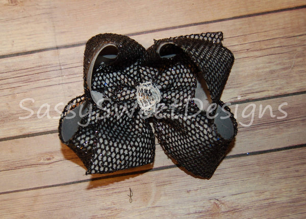 Black Glitter Mesh & Silver Hair Bow