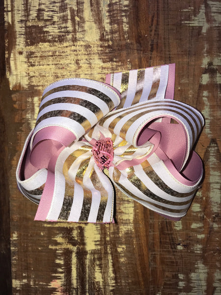 White & Metallic Gold Stripe Canvas Bow