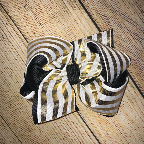 White & Metallic Gold Stripe Canvas Bow
