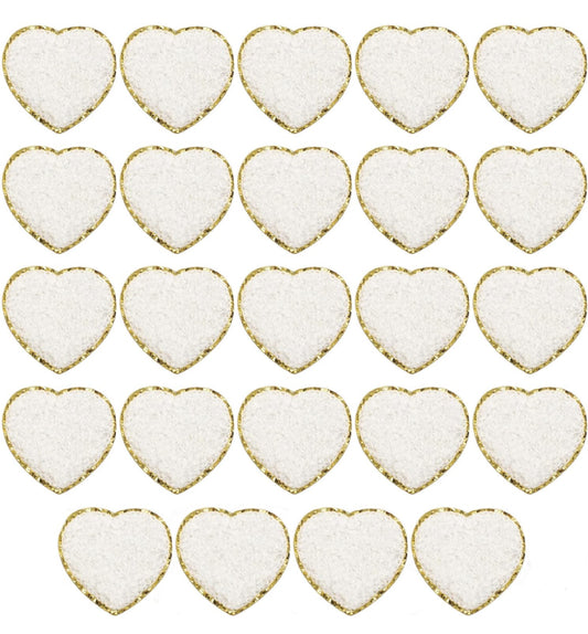 White Chenille HEART Glitter Patch Double Grosgrain Hair Bow