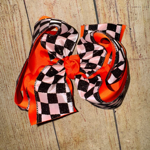 Glitter Black & White Checker Bow-  Choose Grosgrain Colors
