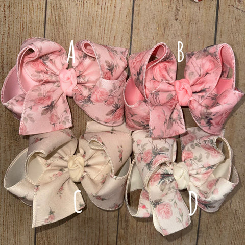 Vintage Rose Floral Canvas Hair Bows Cream Ivory Pink