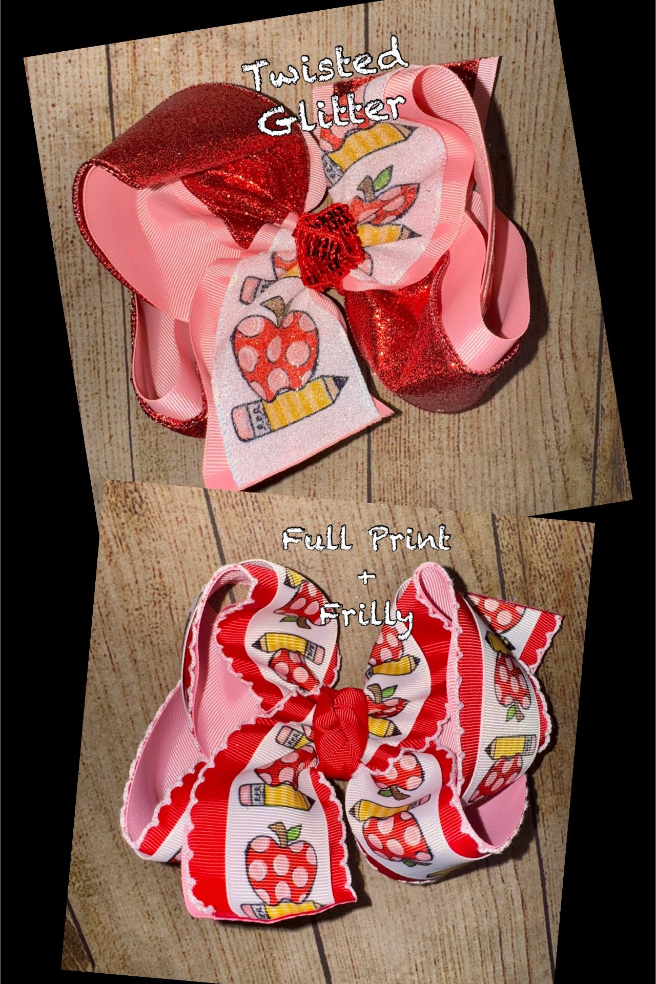 2025 BTS Frilly Apple + Pencil Bow Custom Printed Hair Bow