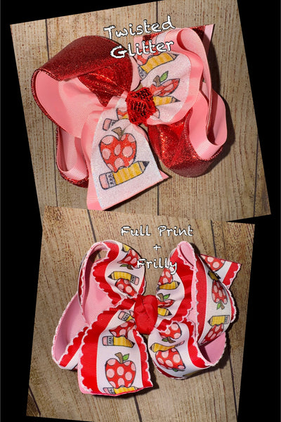 2025 BTS Frilly Apple + Pencil Bow Custom Printed Hair Bow