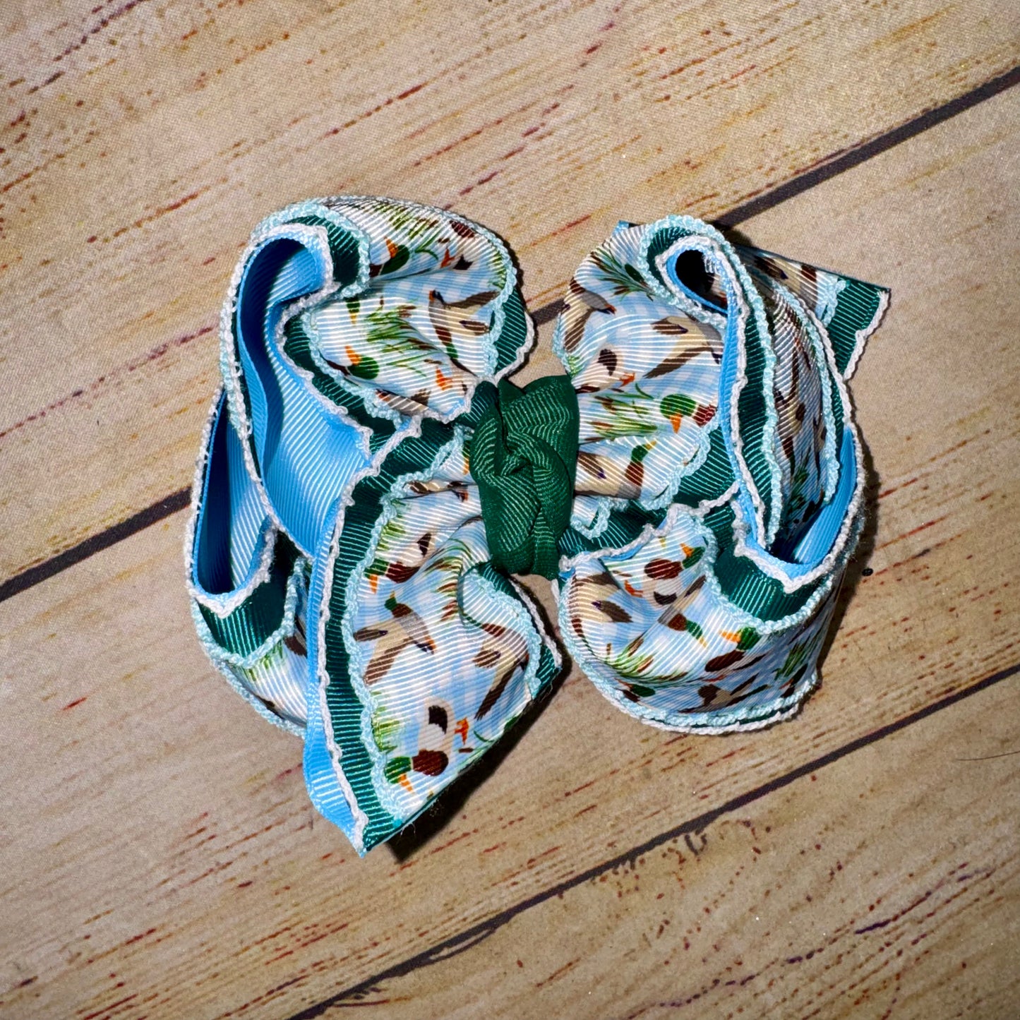 Mallard Blue and Green Frilly Triple Layer Double Moonstitch Bow