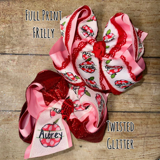 2026 BTS Frilly Personalized Name Apple Bow Custom Printed Hair Bow