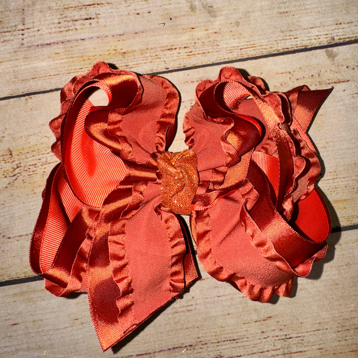 Copper & Clay Mini Drop CLAY BLOSSOM Rust Double Ruffle Satin Bow