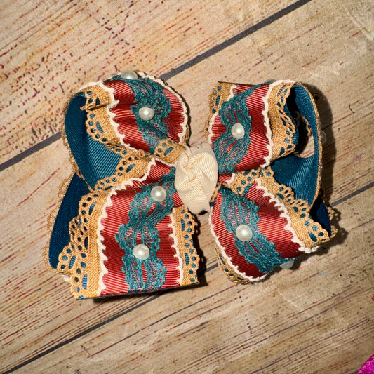 Copper & Clay Mini Drop PATINA PEARL Moonstitch Lace Edge Pearl Bow