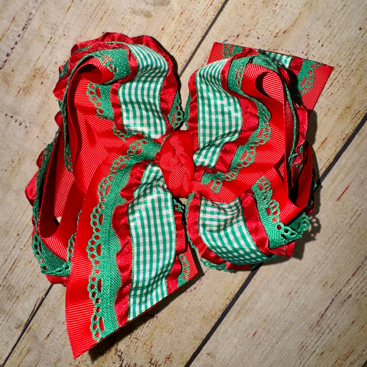 BUILD A BOW FB WINNER Red Green Christmas Frilly Double Ruffle Gingham Bow