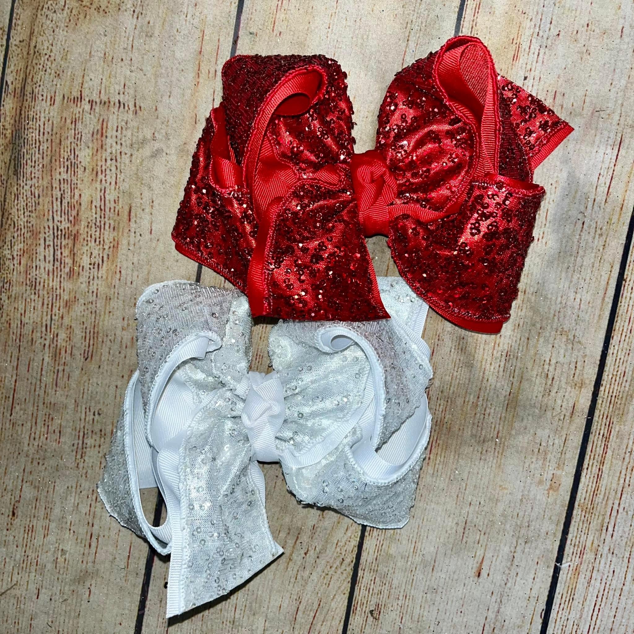 SEQUIN DUPIONI HAIR BOW RED & WHITE