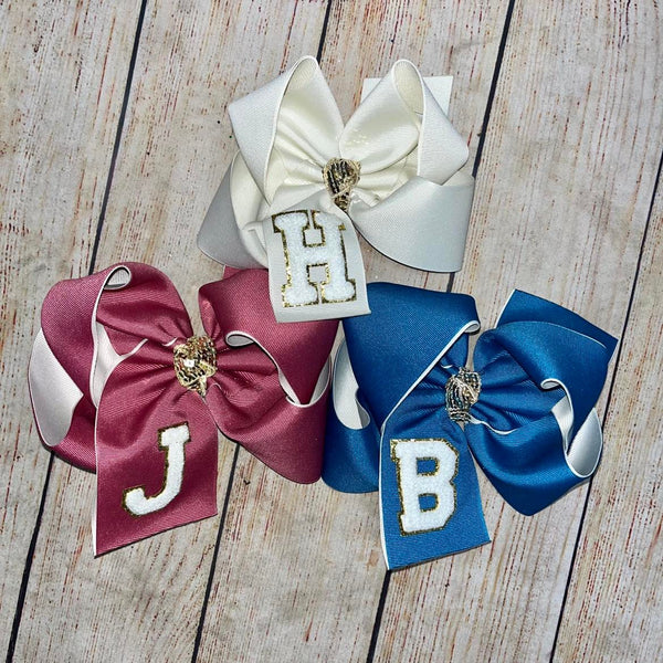 *LIMITED* White Chenille Glitter Patch Letter Double Grosgrain Hair Bow