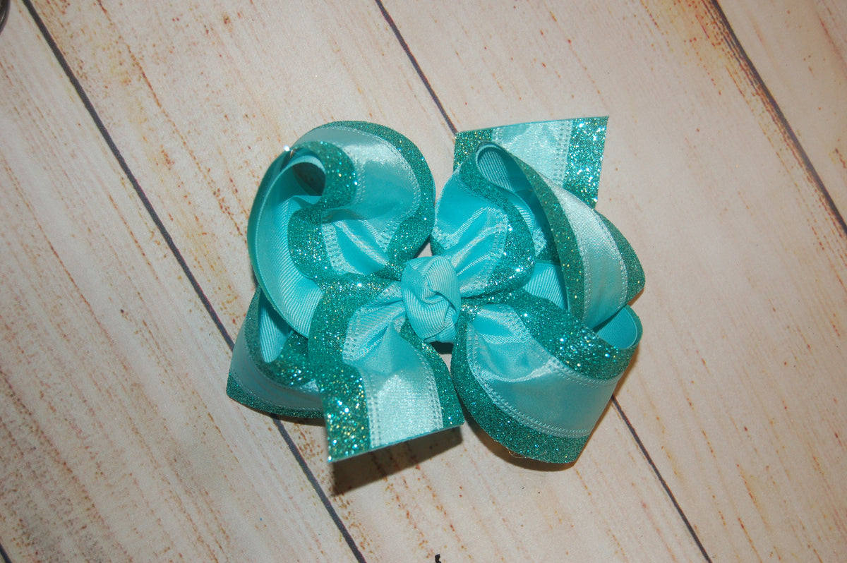 Aqua Satin & Glitter Hair Bow
