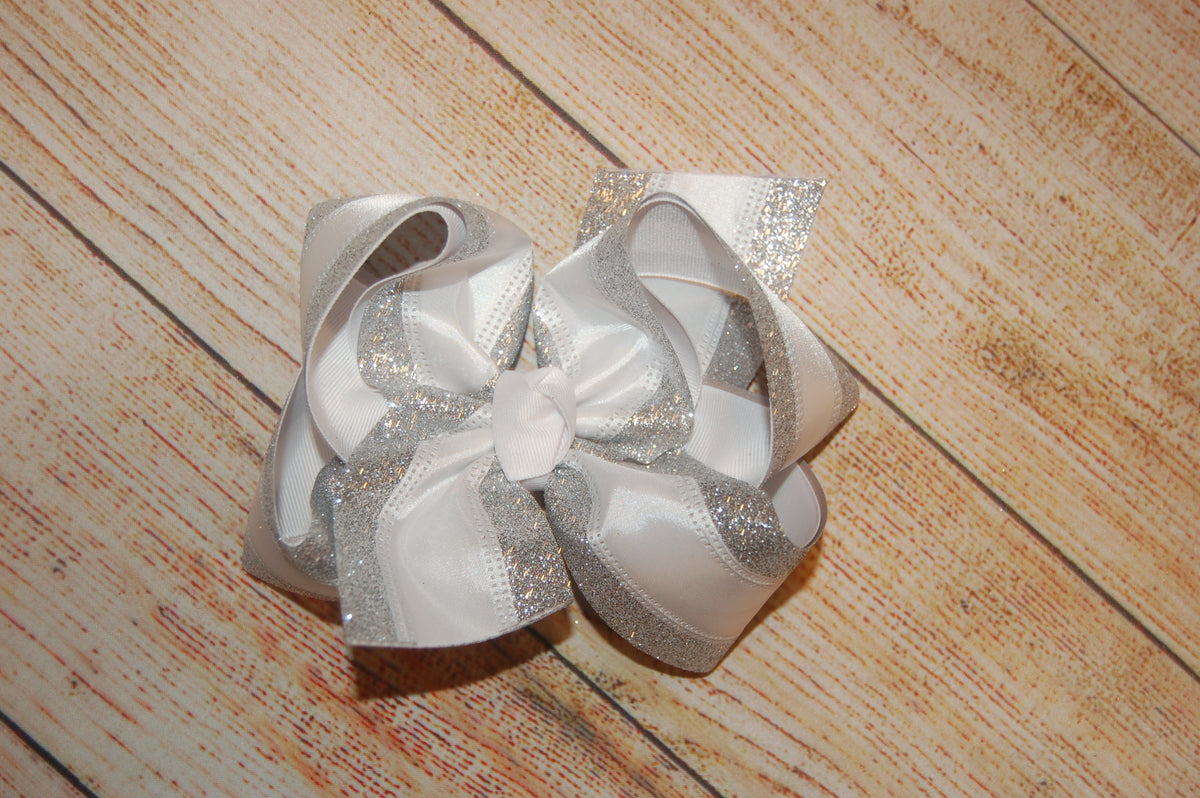 WHITE Satin & Glitter Hair Bow
