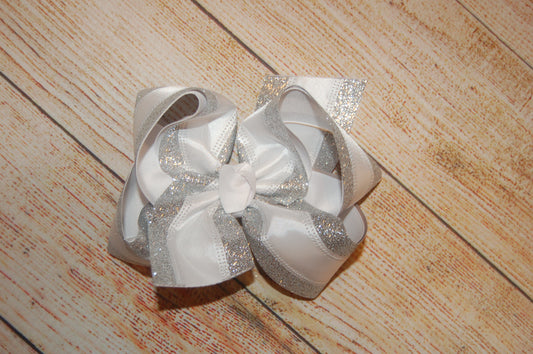 WHITE Satin & Glitter Hair Bow