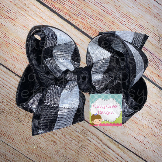 White & Black Buffalo Plaid Check Linen Hair Bow