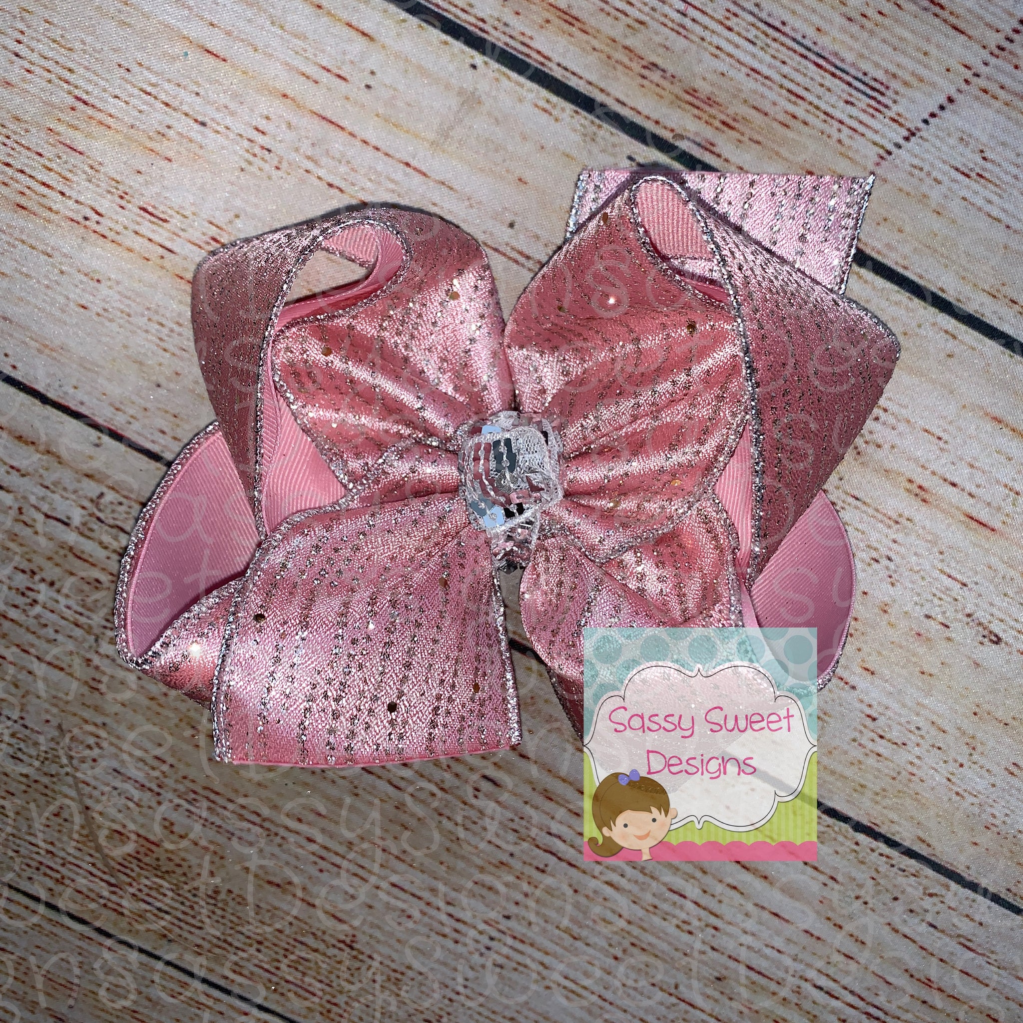 Pink Metallic Silver Dotty Lines Hair Bow