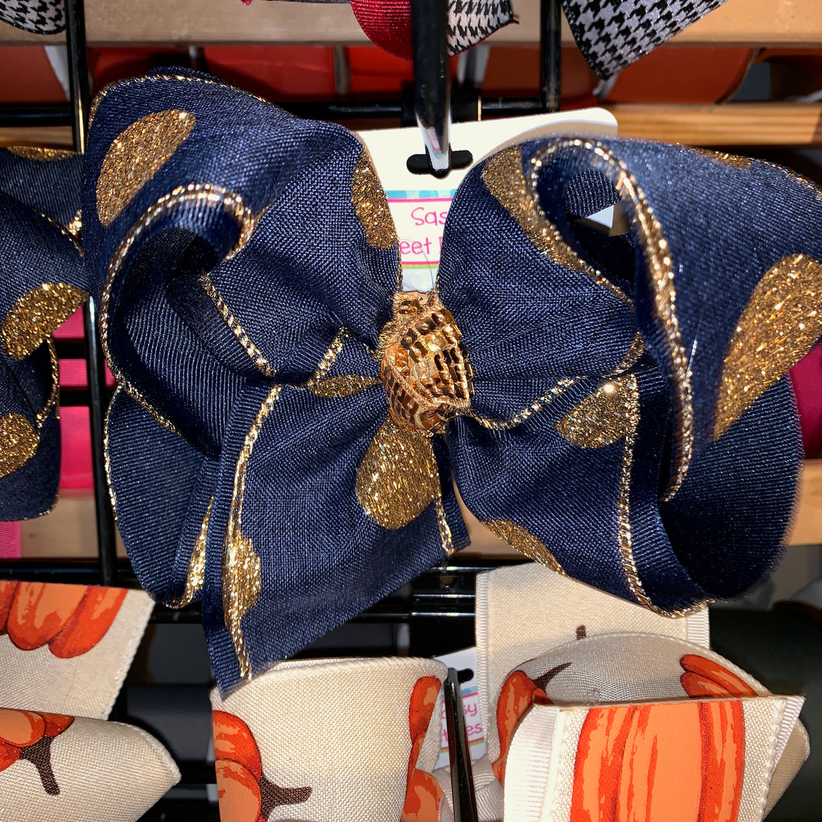 Fall Navy Big Gold Glitter Dot Hair Bow
